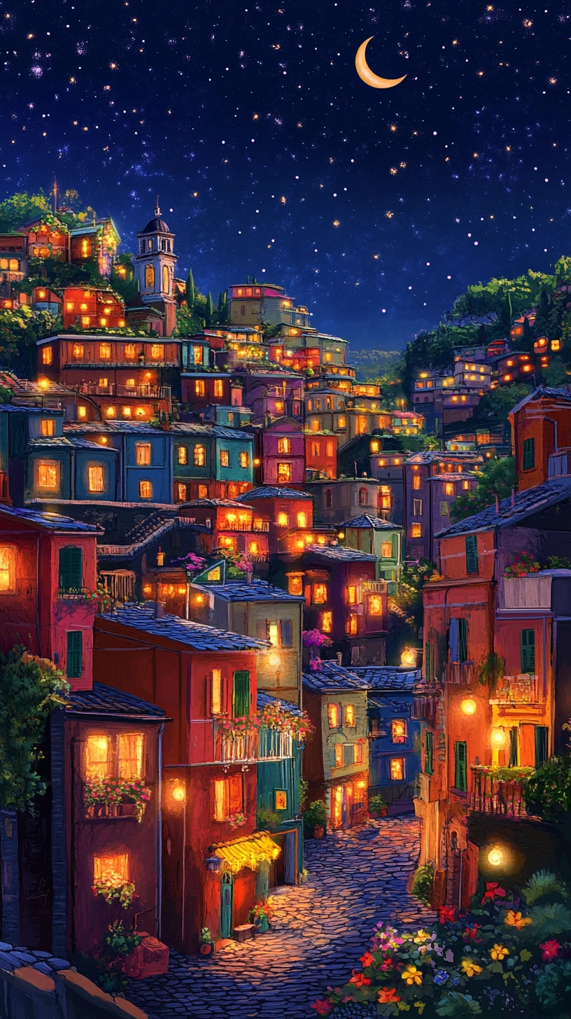 Whimsical Italian village under a crescent moon sky