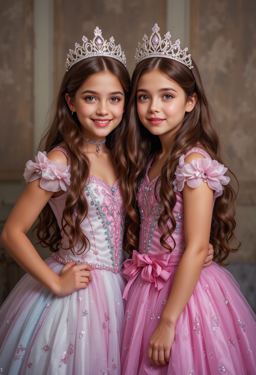 Dois meninos pré-adolescentes fantasiados de princesas de contos de fadas coloridas