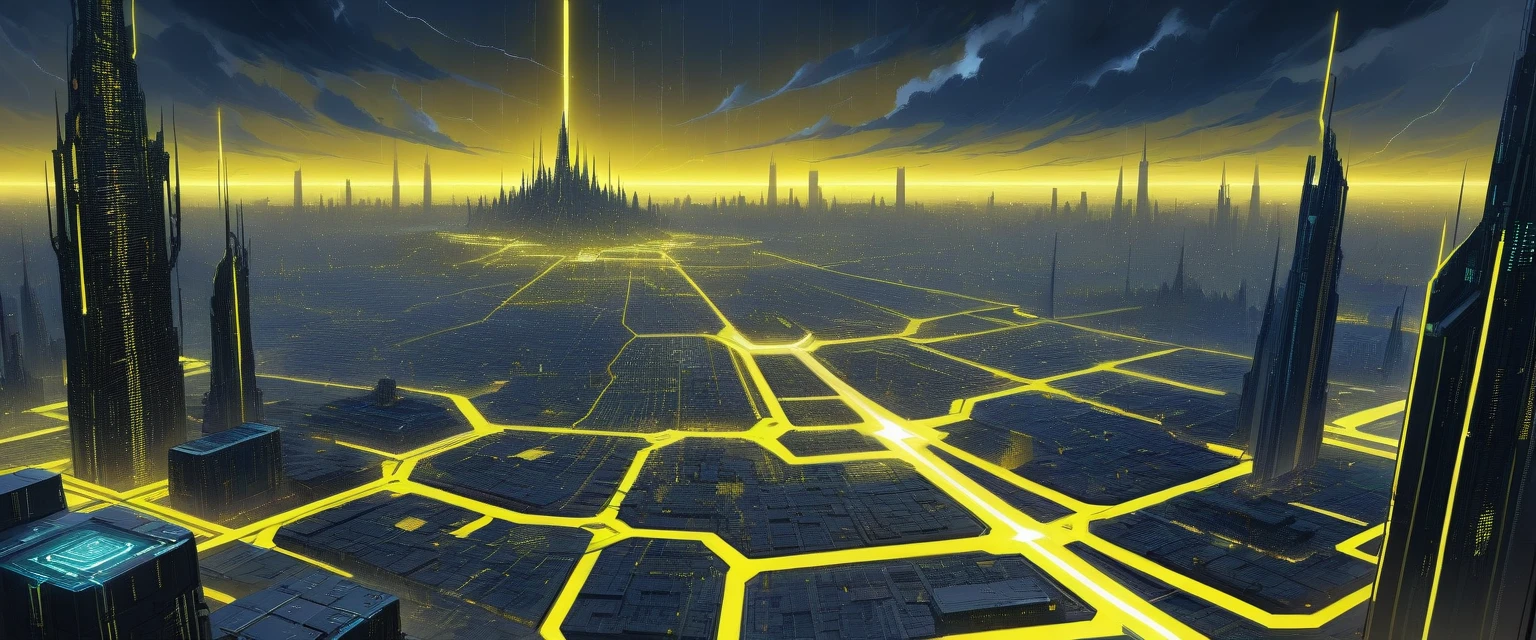 Paesaggio urbano sci-fi futuristico con cluster di grattacieli cibernetici
