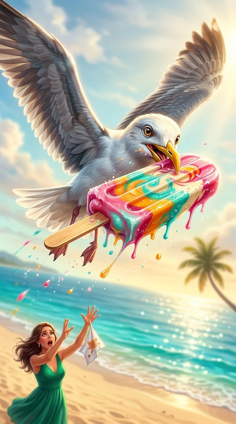 Gaivota brincalhona roubando um picolé de luxo em praia tropical