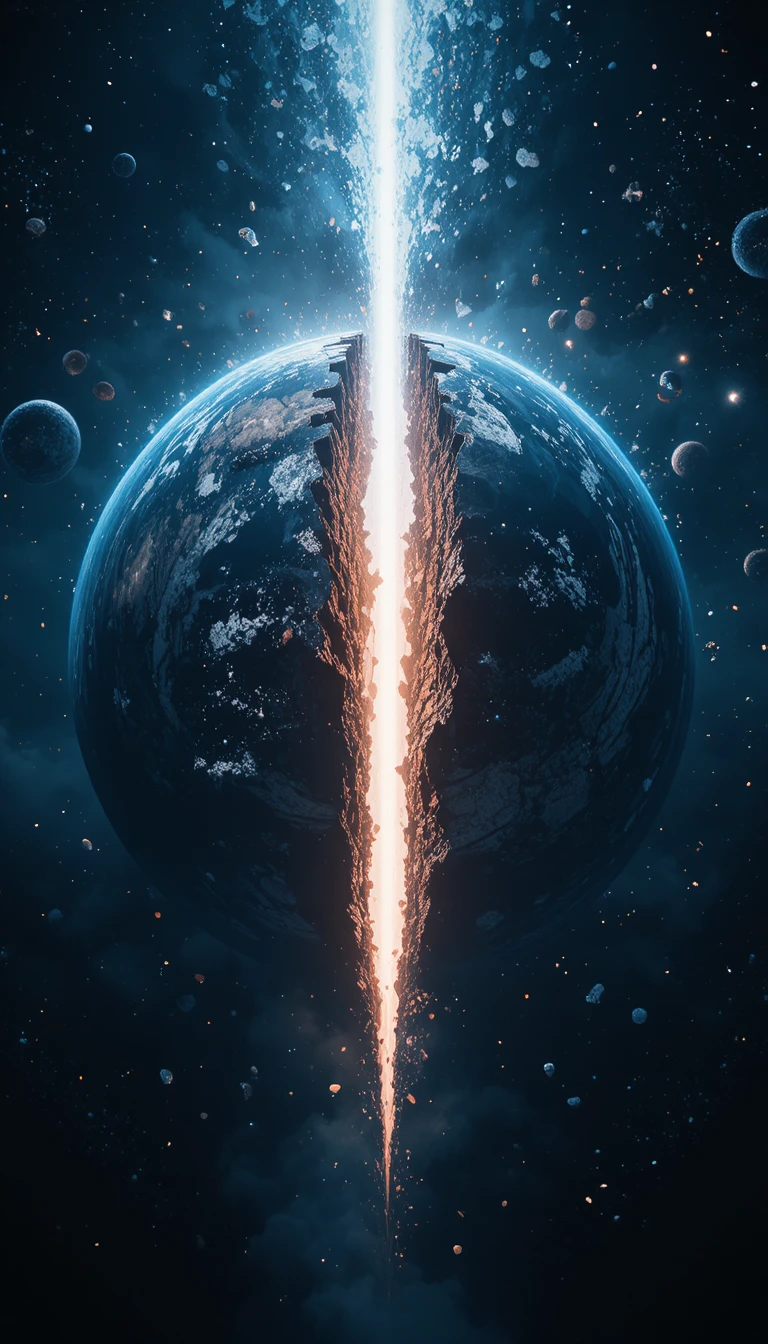 地球在太空中裂開並噴射飛散碎片