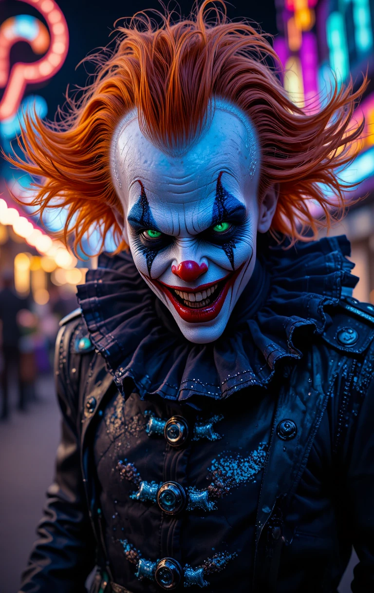 Clown sinistro con i capelli in fiamme in un luna park notturno