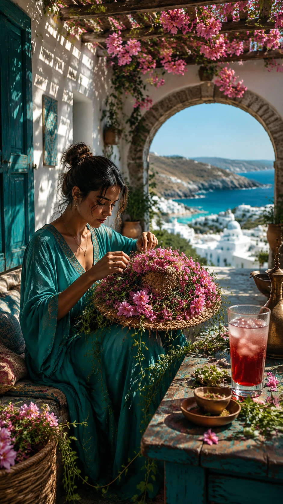 Mulher criando um chapéu de sol floral em um pátio escondido na ilha