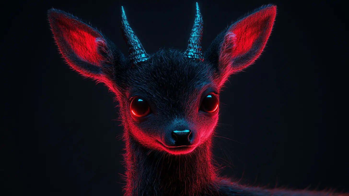 Schatten-Rehkitz mit leuchtenden Augen im Dark-Fantasy-Licht