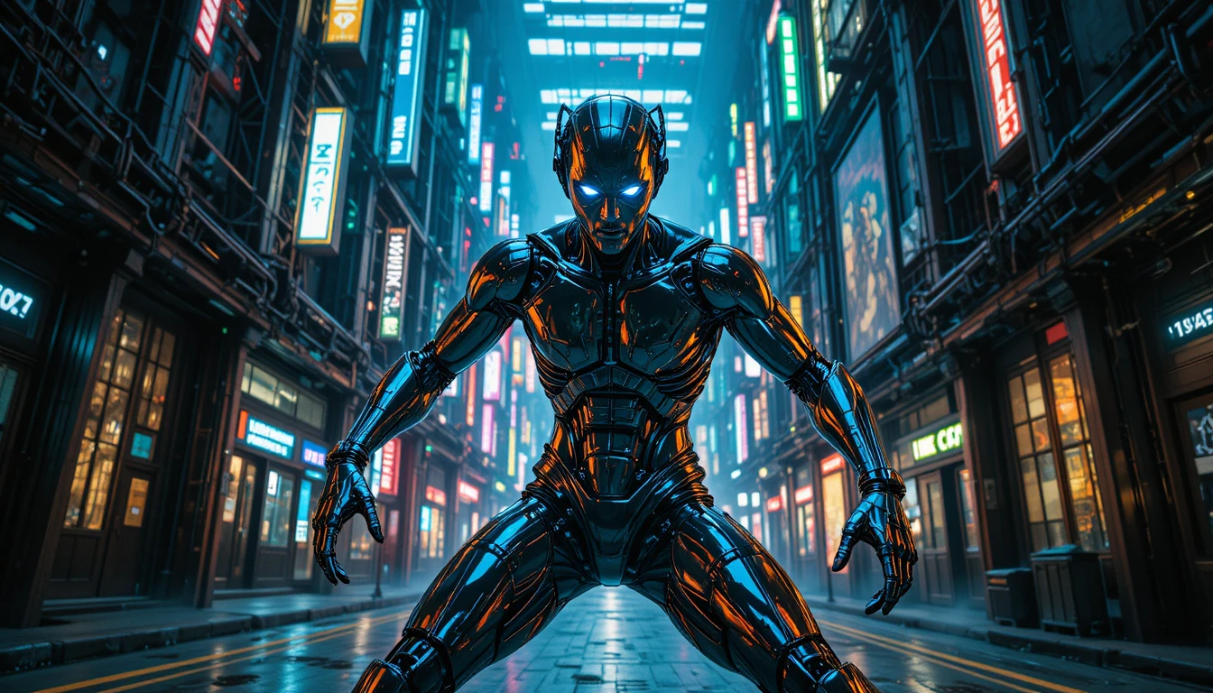 Guerreiro ciborgue em uma cidade futurista iluminada por néon