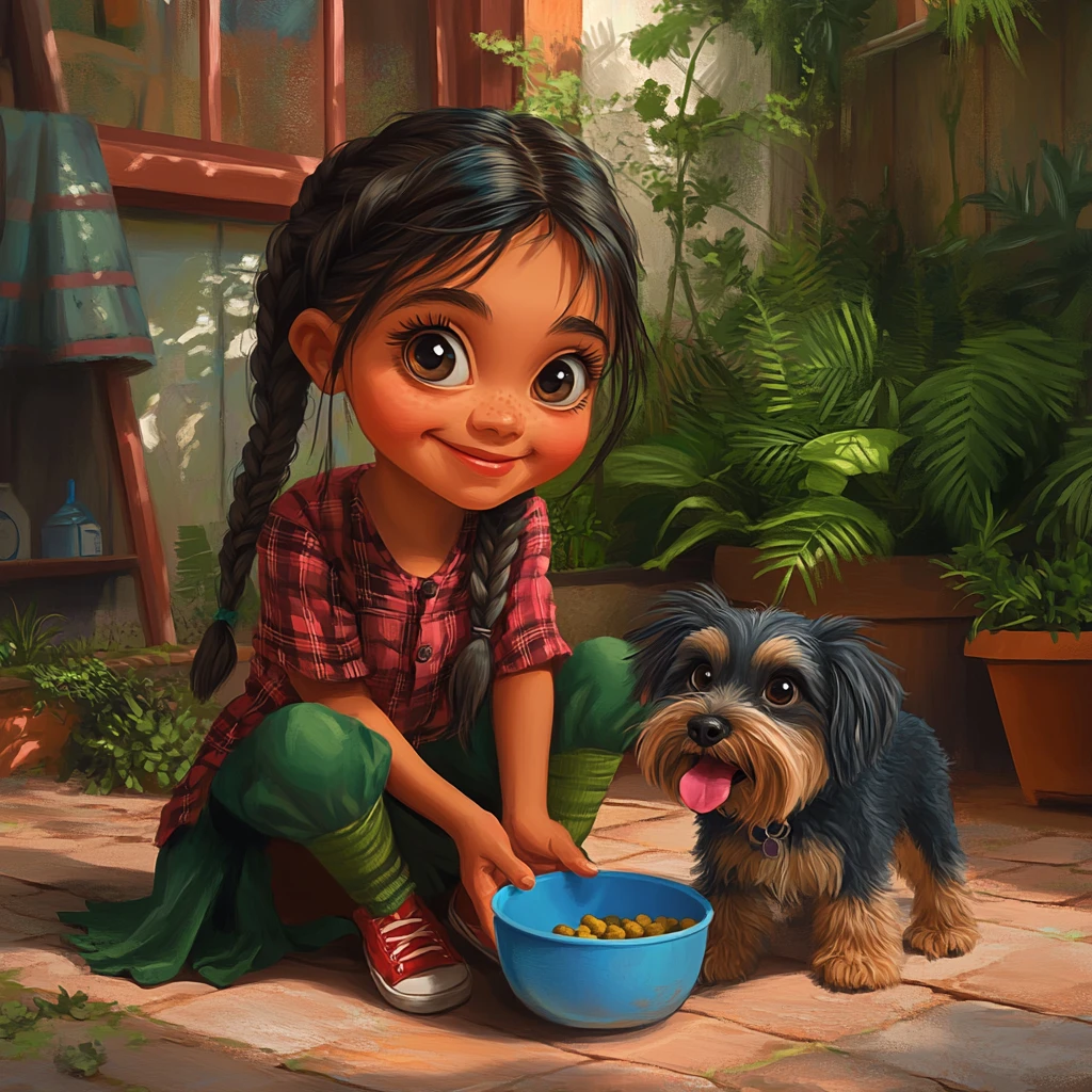Girl watching her yorkshire terrier eat in a backyard