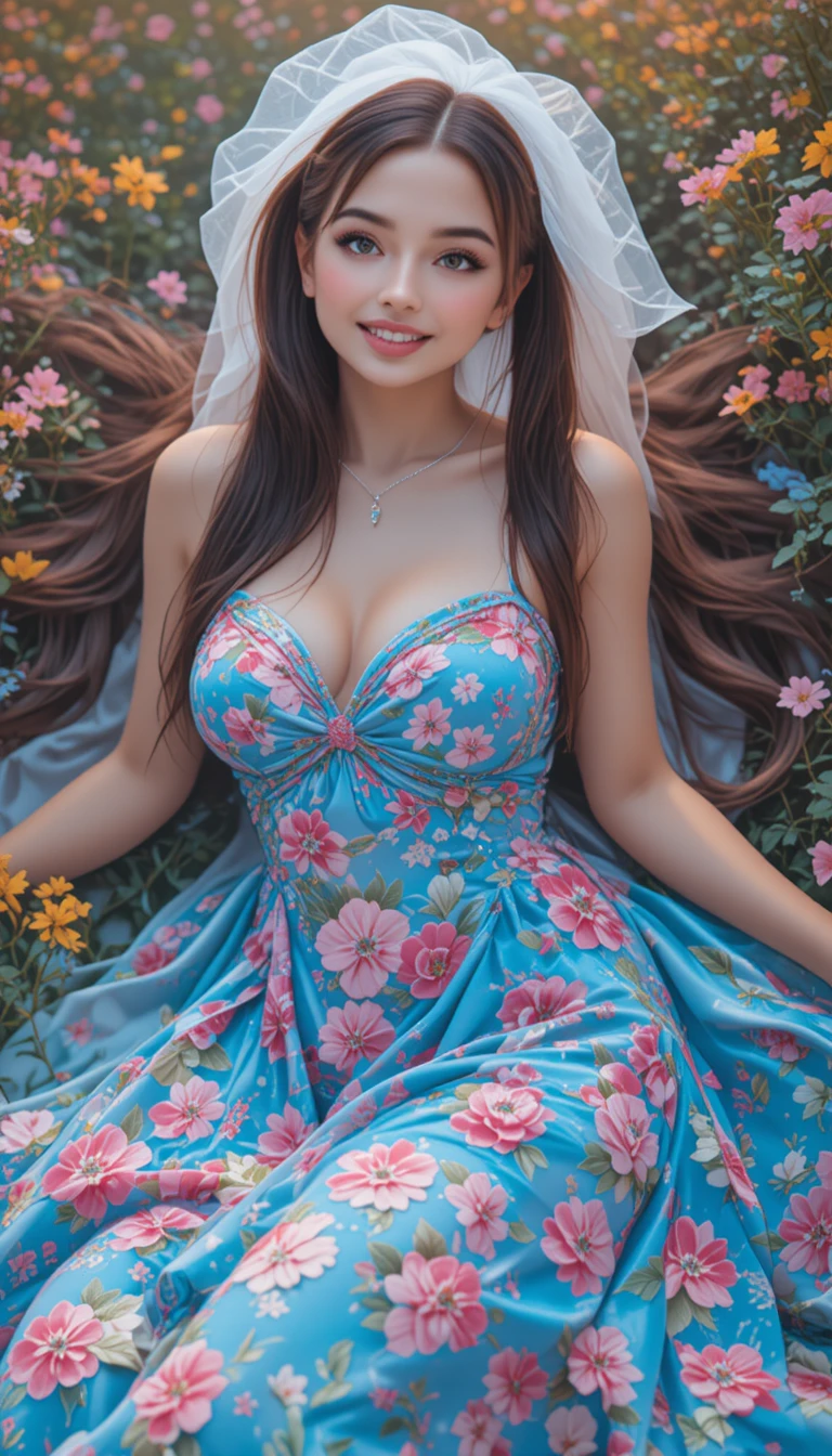 Donna con capelli lunghi in un abito blu neon tra i fiori