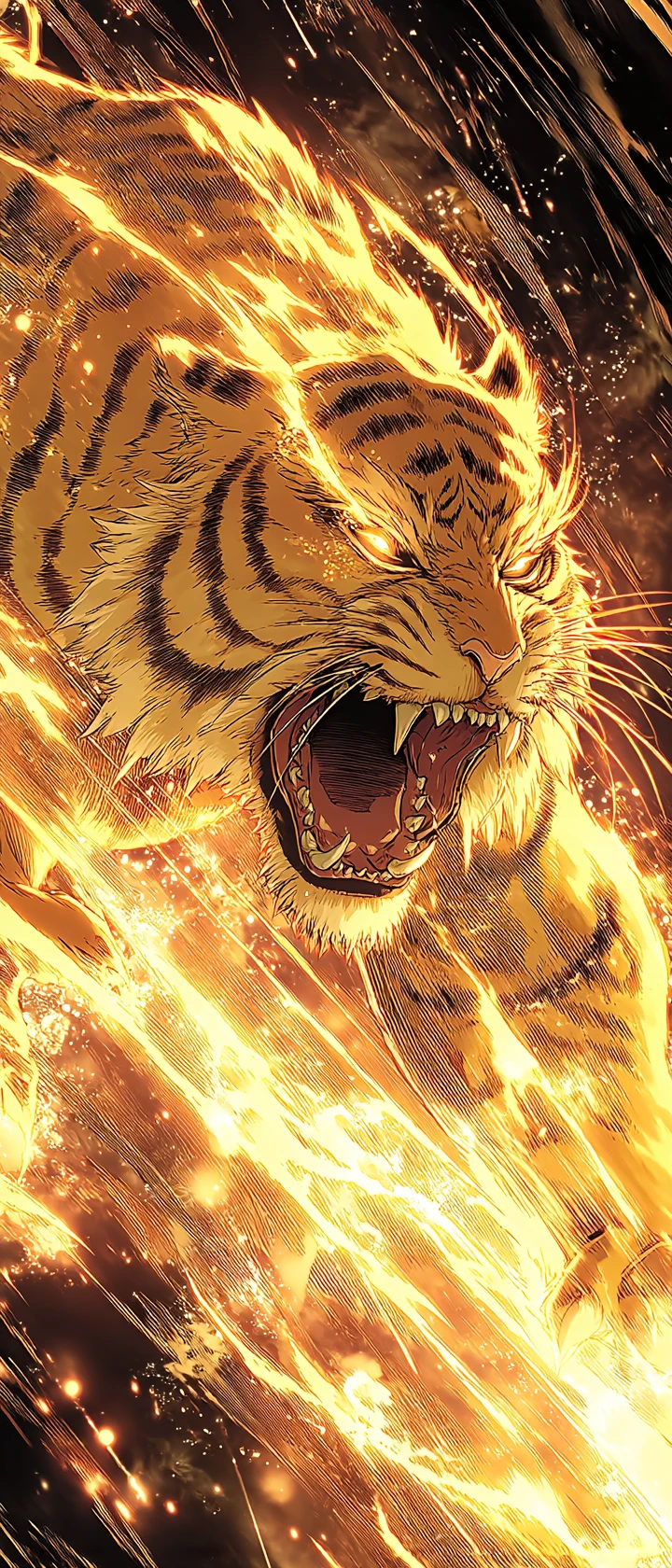 Artista marcial de anime rugindo com energia de tigre dourado