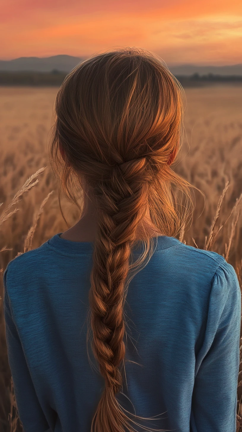 Fille aux cheveux tressés observant un ciel de coucher de soleil flamboyant