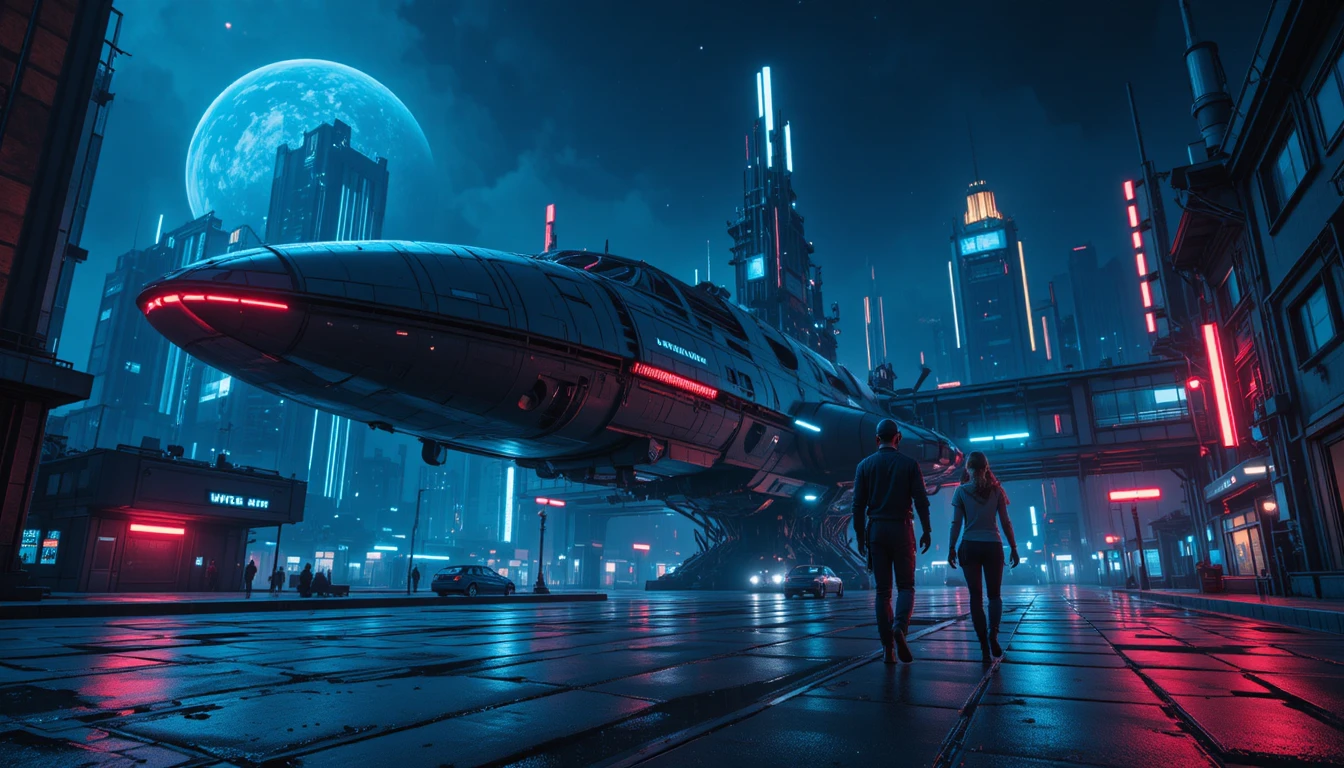 Estación espacial futurista con luces de neón en un cielo oscuro