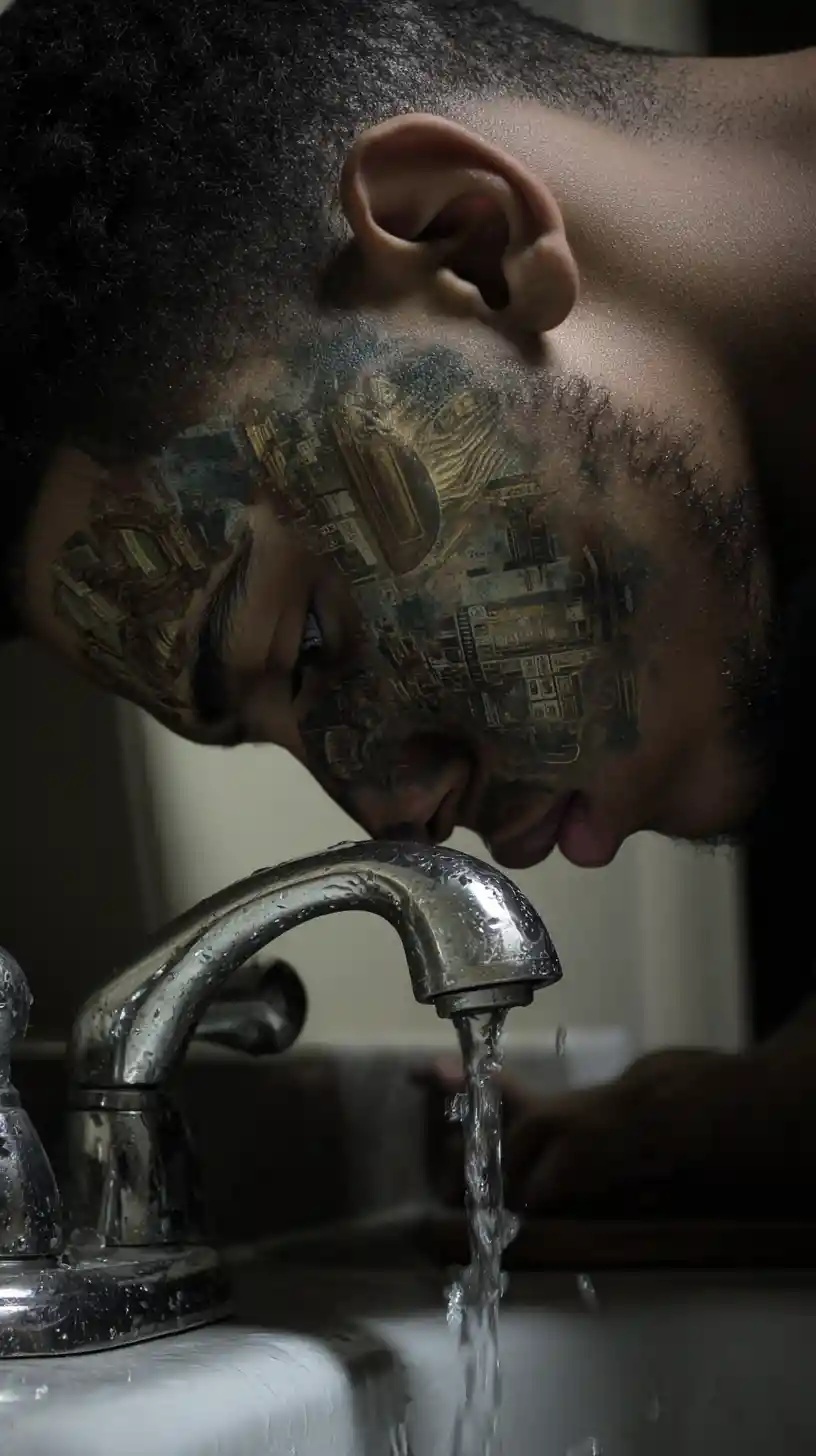 Jeune homme buvant l’eau du robinet dans une salle de bain délabrée