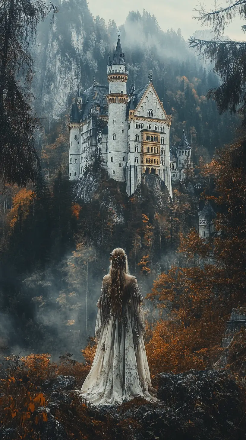 Portrait de fille gothique au château de Neuschwanstein au crépuscule