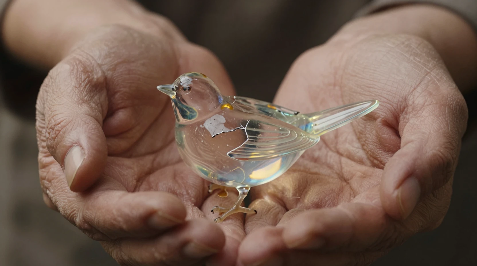 Mains âgées berçant un fragile oiseau en verre fissuré