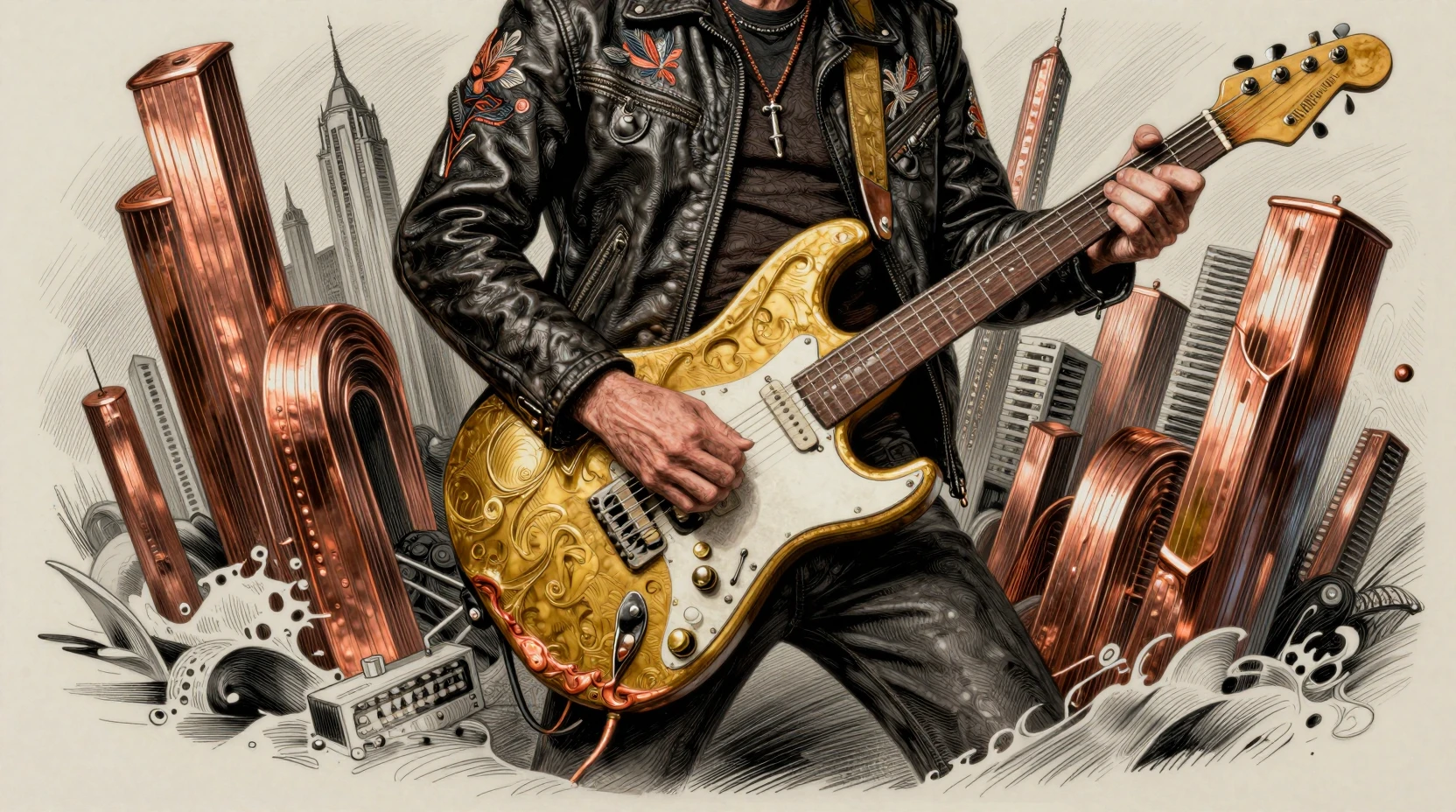 Músico entre cordas de guitarra elétrica distorcidas e estruturas metálicas