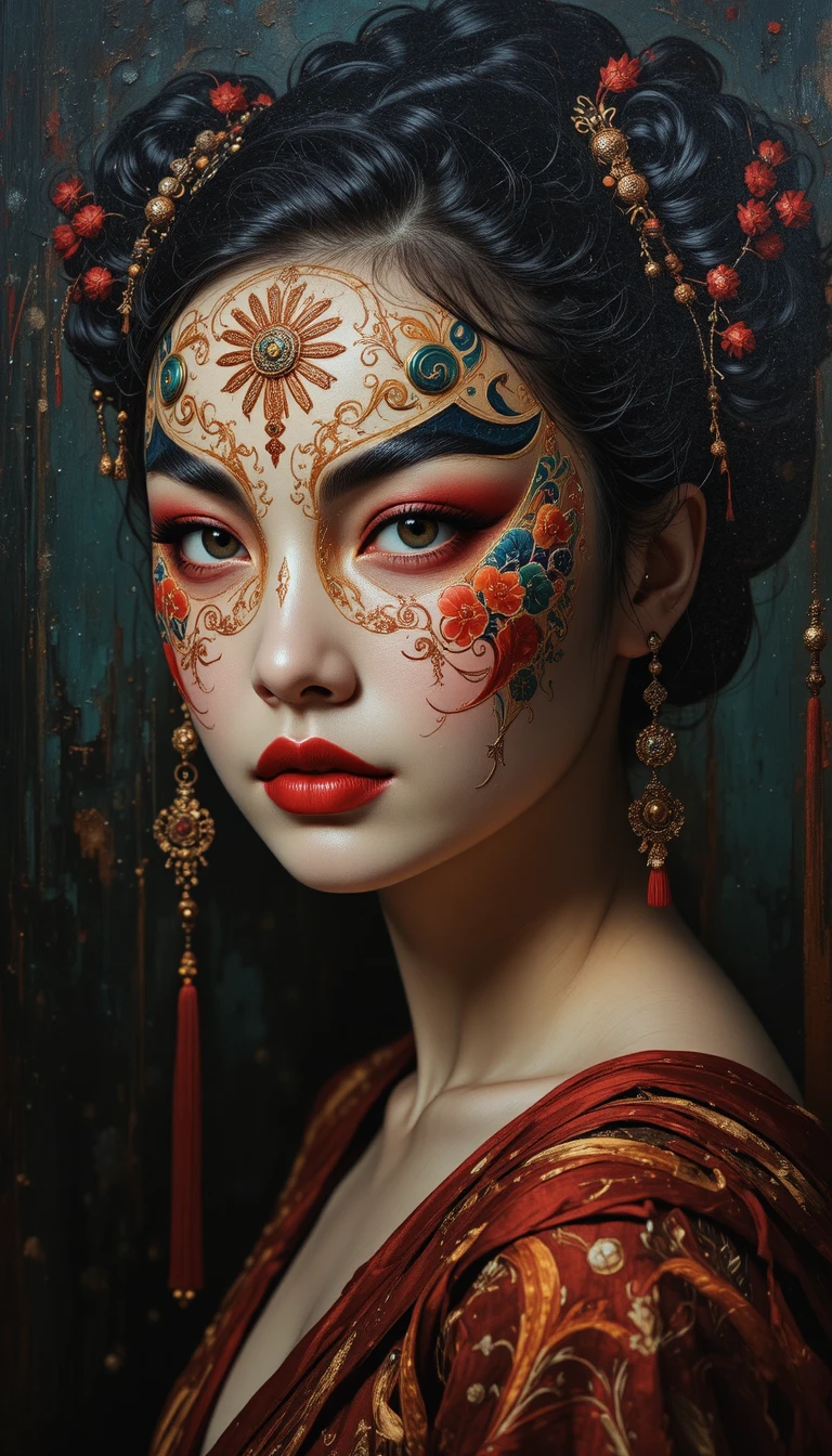 Mulher chinesa com máscara de ópera em retrato a óleo dramático
