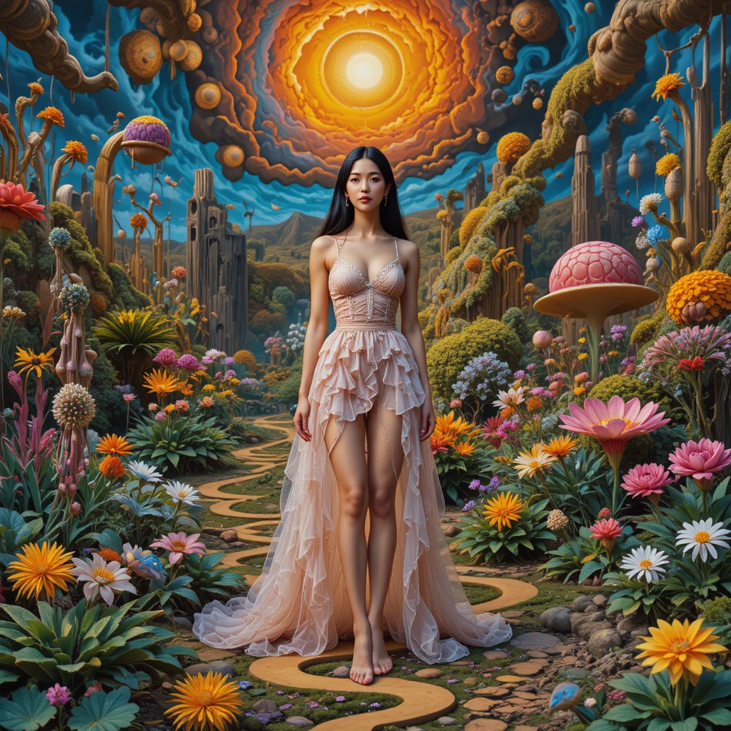 Wunderschönes Mädchen in einem surrealen psychedelischen Garten verwurzelt