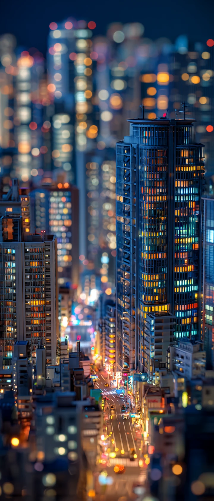 夜色中發光的迷你動漫活體摩天大樓城市