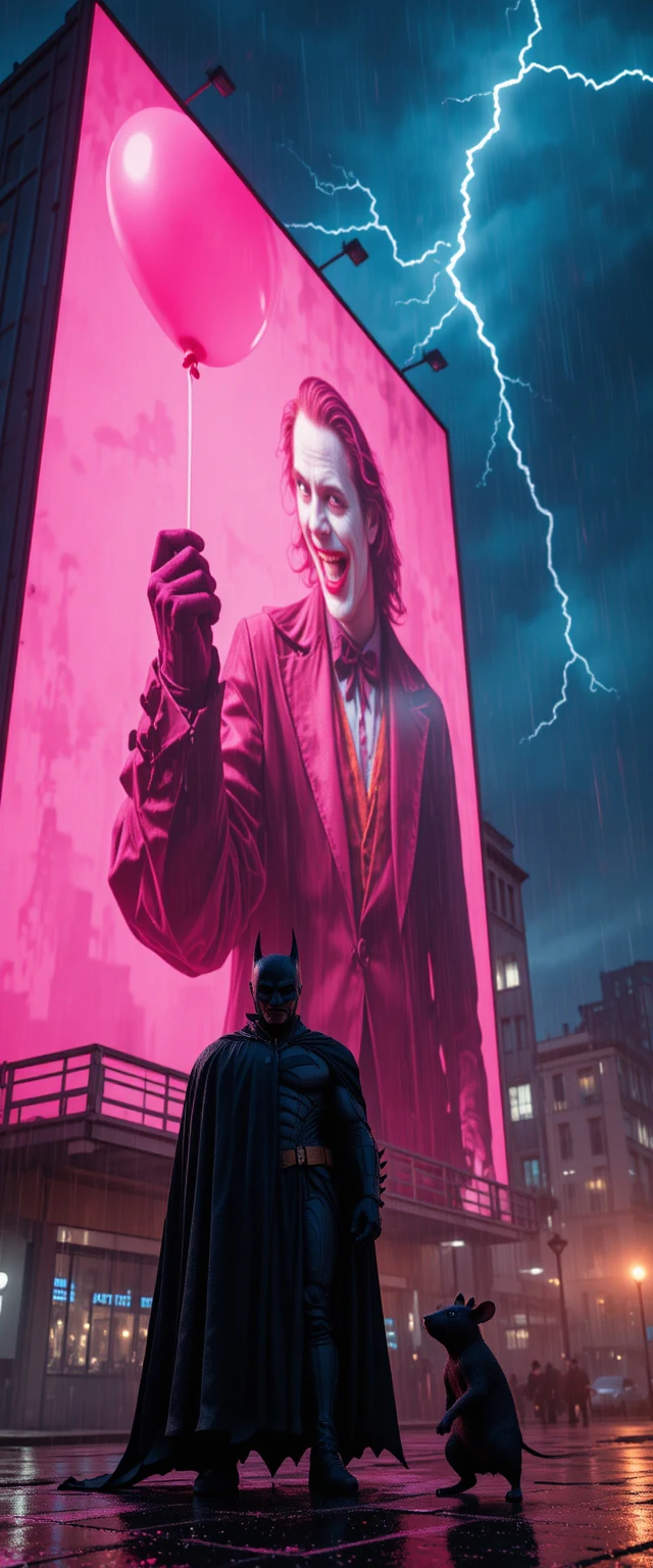 Super-herói na chuva diante de um letreiro neon sinistro