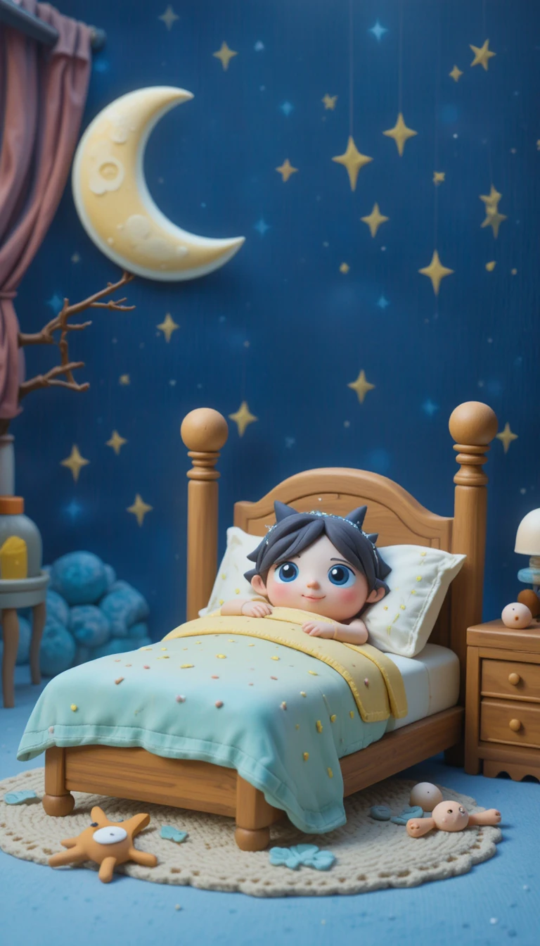 Illustrazione flat infantile di una spaventosa scena notturna a letto