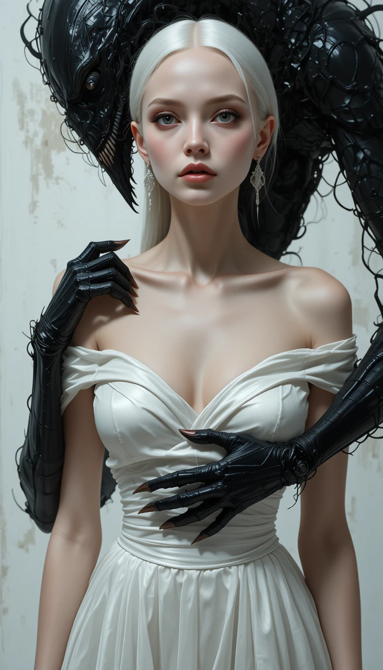 Mujer rubia platinada surreal con un monstruo acechando detrás