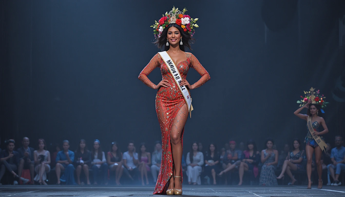 Donna sorridente con corona di fiori sul palco in abito rosso