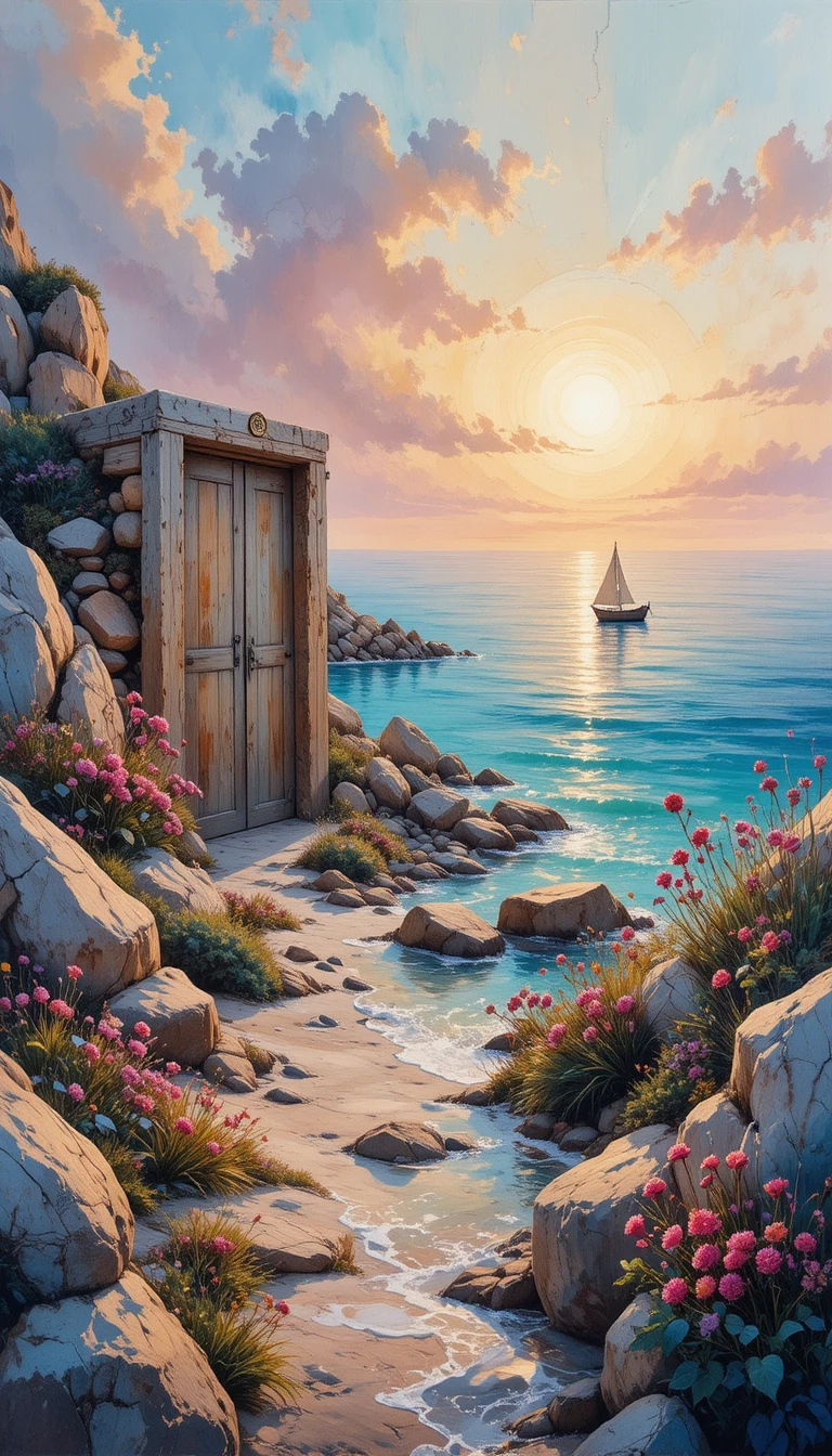 面向發光藍綠色夕陽海面的超現實海邊之門