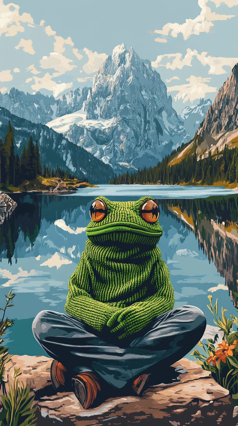 Ilustração engraçada de sapo de tricô à beira de um calmo lago montanhoso