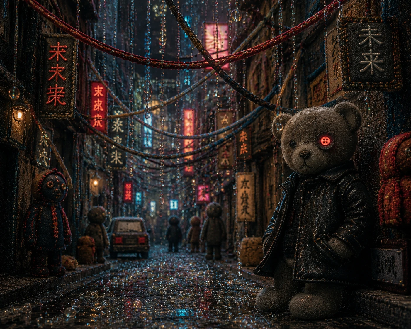 Urso de pelúcia ameaçador em um beco distópico de tecido
