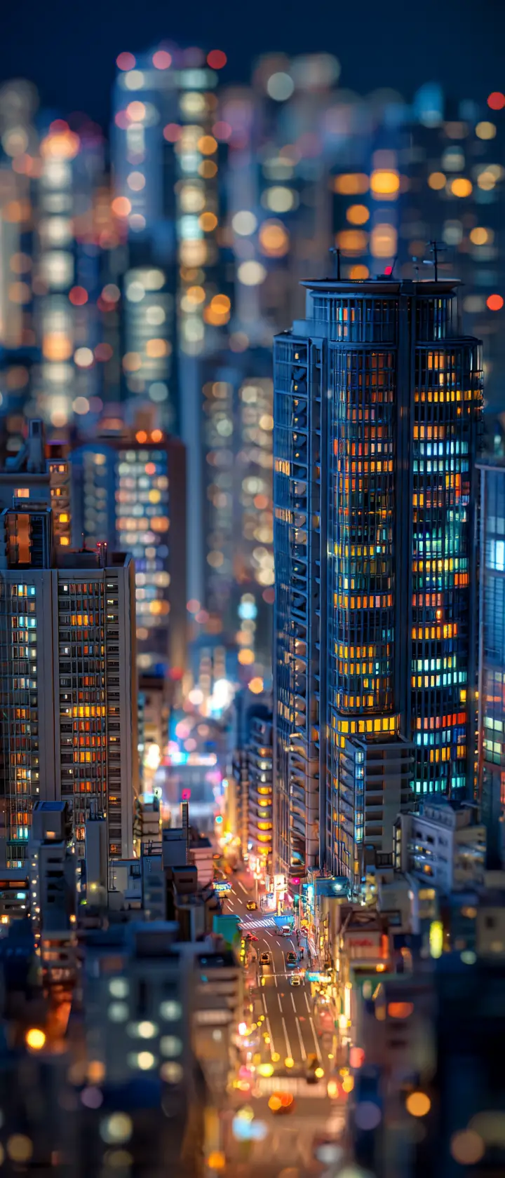 Tiny anime city of living skyscrapers glowing at night