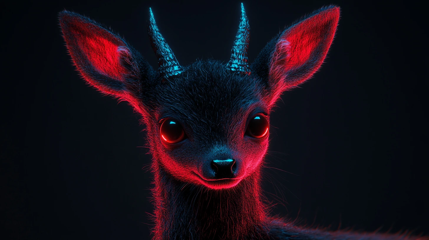 Schatten-Rehkitz mit leuchtenden Augen im Dark-Fantasy-Licht