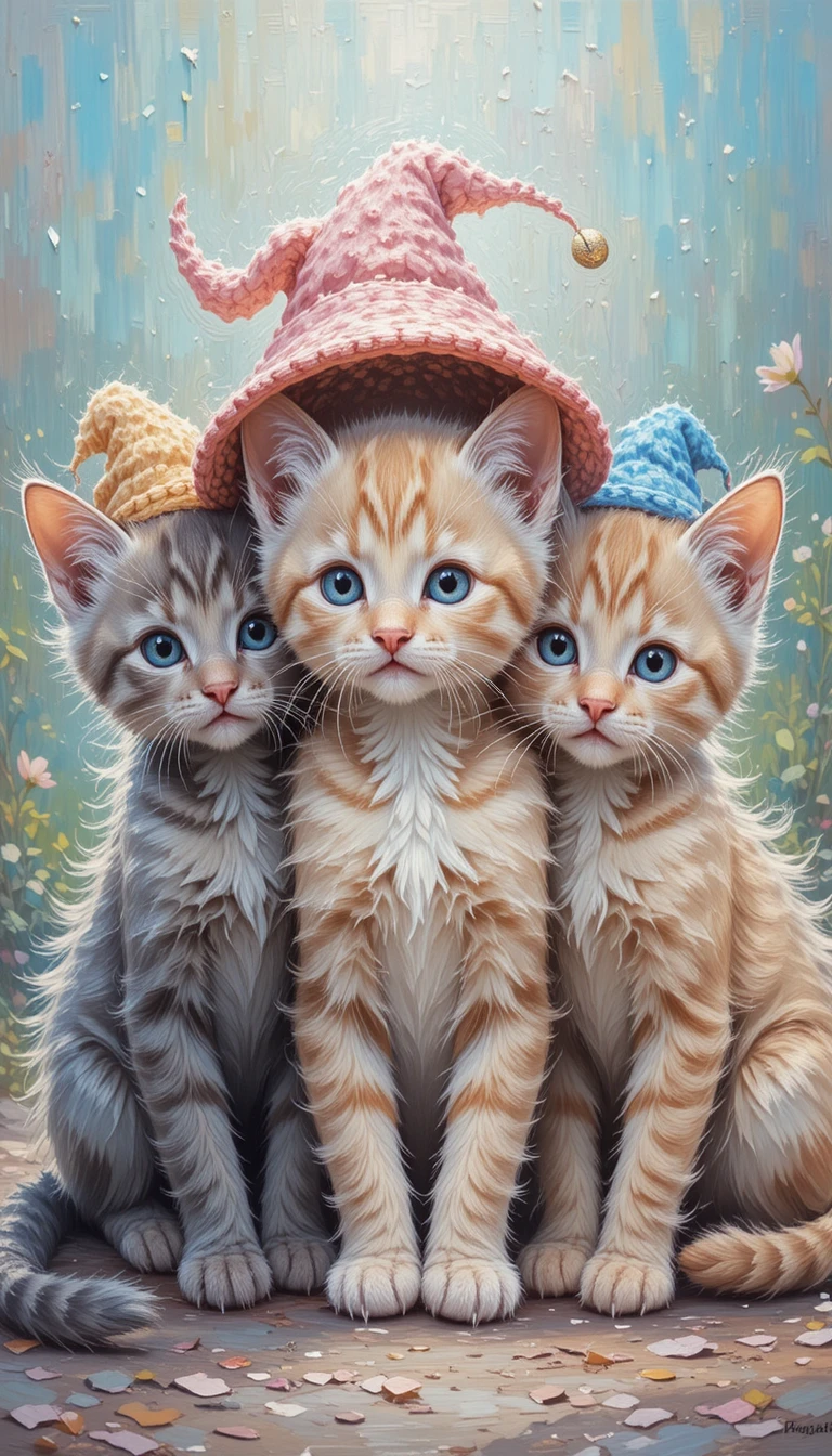 Peinture impressionniste de trois chatons avec des chapeaux colorés