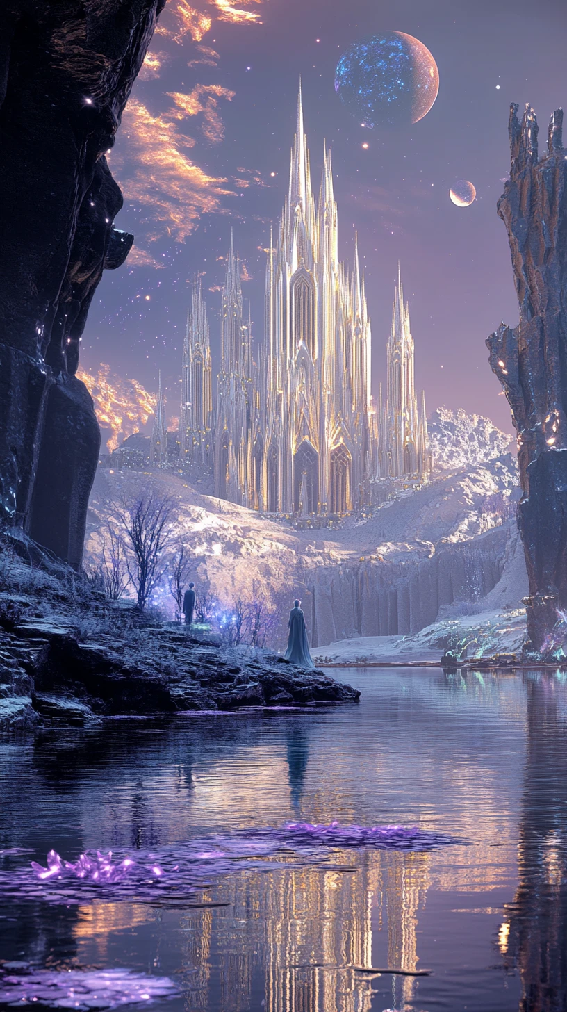 Elfe contemplant une cathédrale flottante au-delà d’un lac miroir