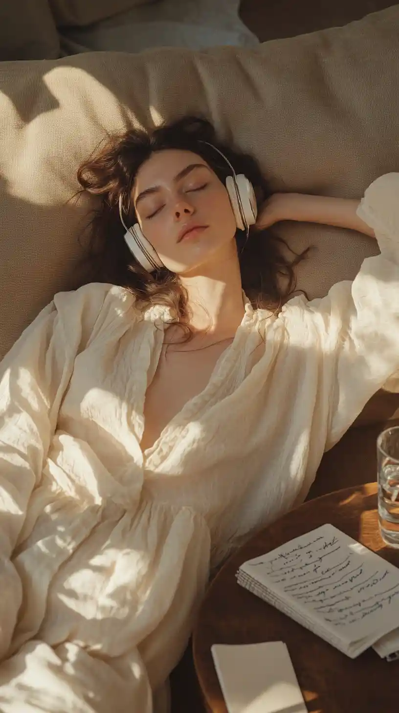 Woman resting on sofa in soft sunlight with headphones