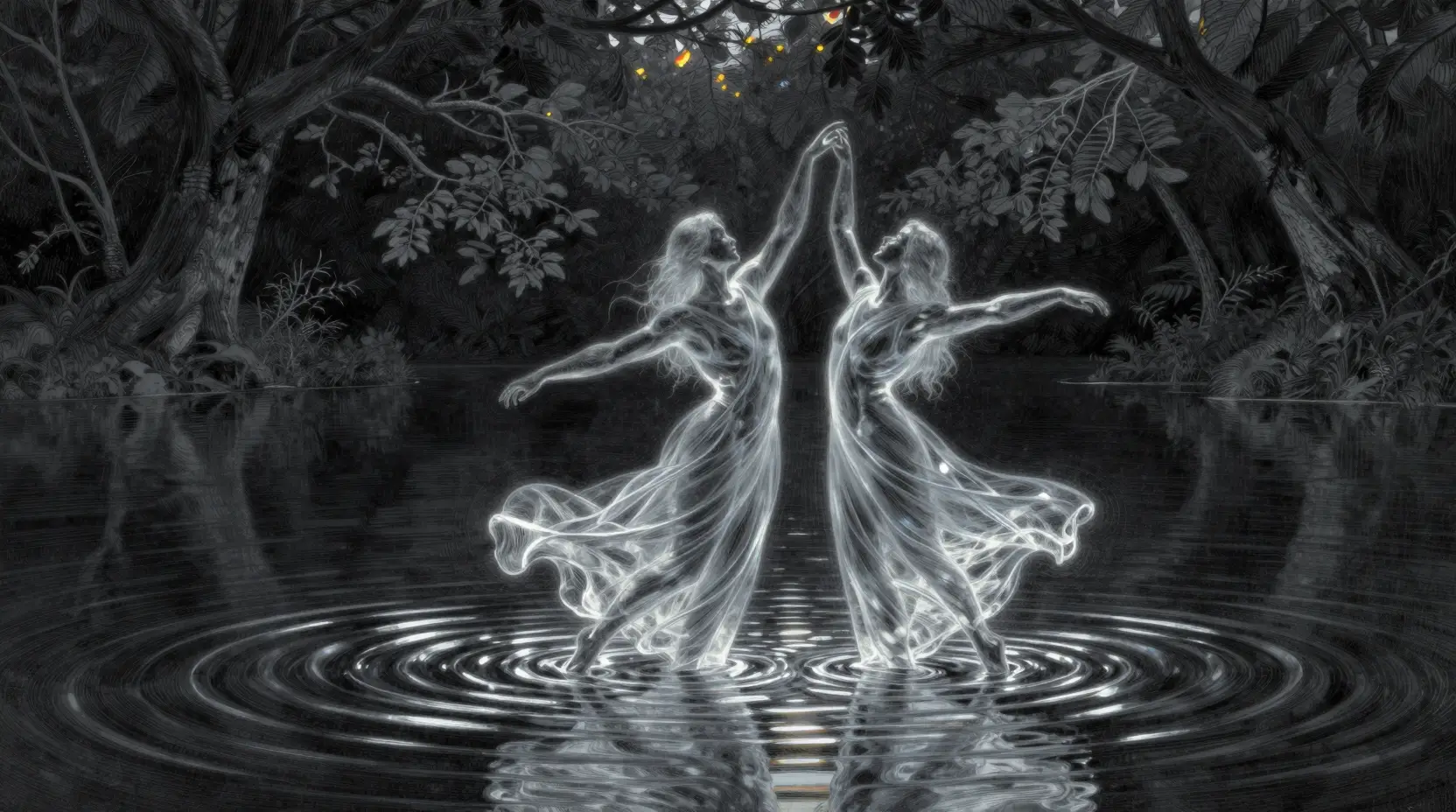 Two merging spirits dancing above a dark mystic lake