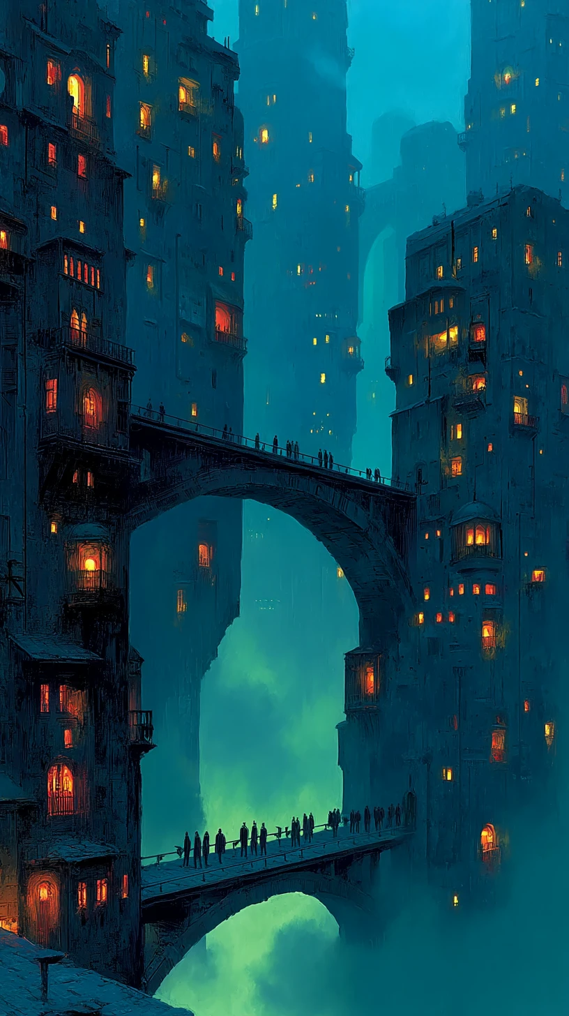 Città dark fantasy che sorge con una luce invertita impossibile