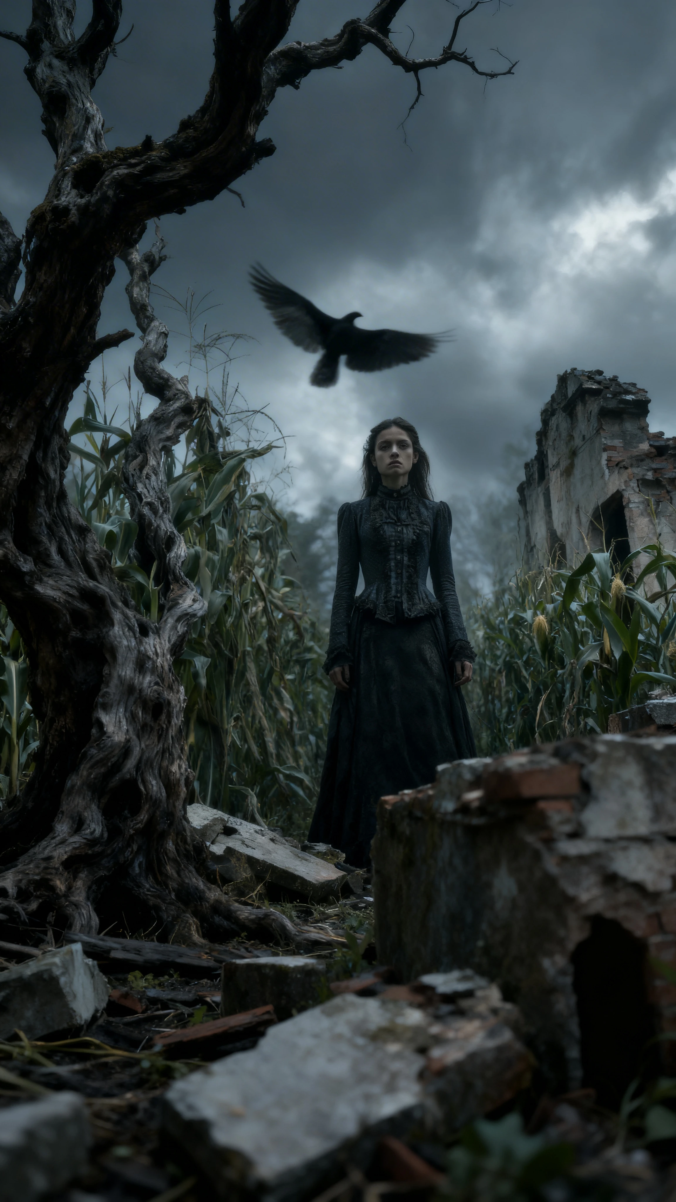 Femme gothique dans un champ de maïs en ruines sous un ciel sombre