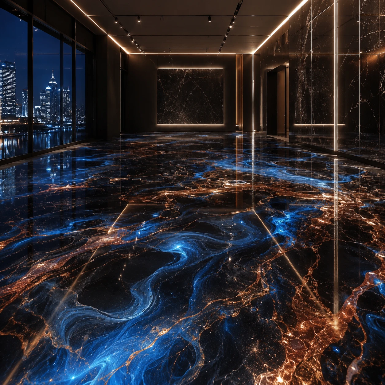 Showroom di lusso futuristico con pavimento epossidico metallico riflettente