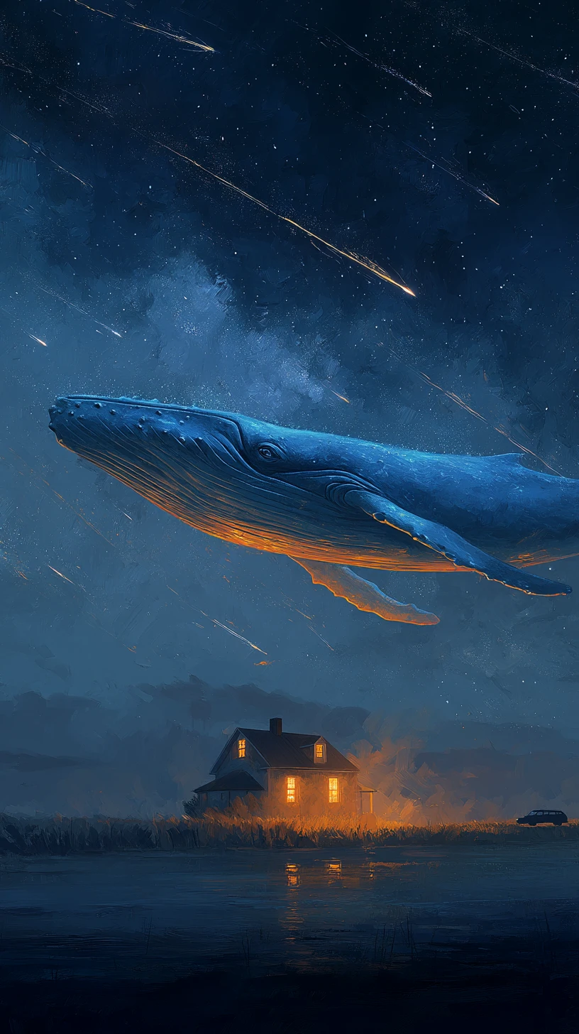 Baleia-azul flutuando em um céu noturno estrelado e luminoso