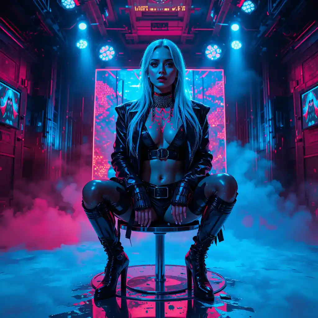 Femme cyber noir cinématographique posant dans un studio bleu électrique