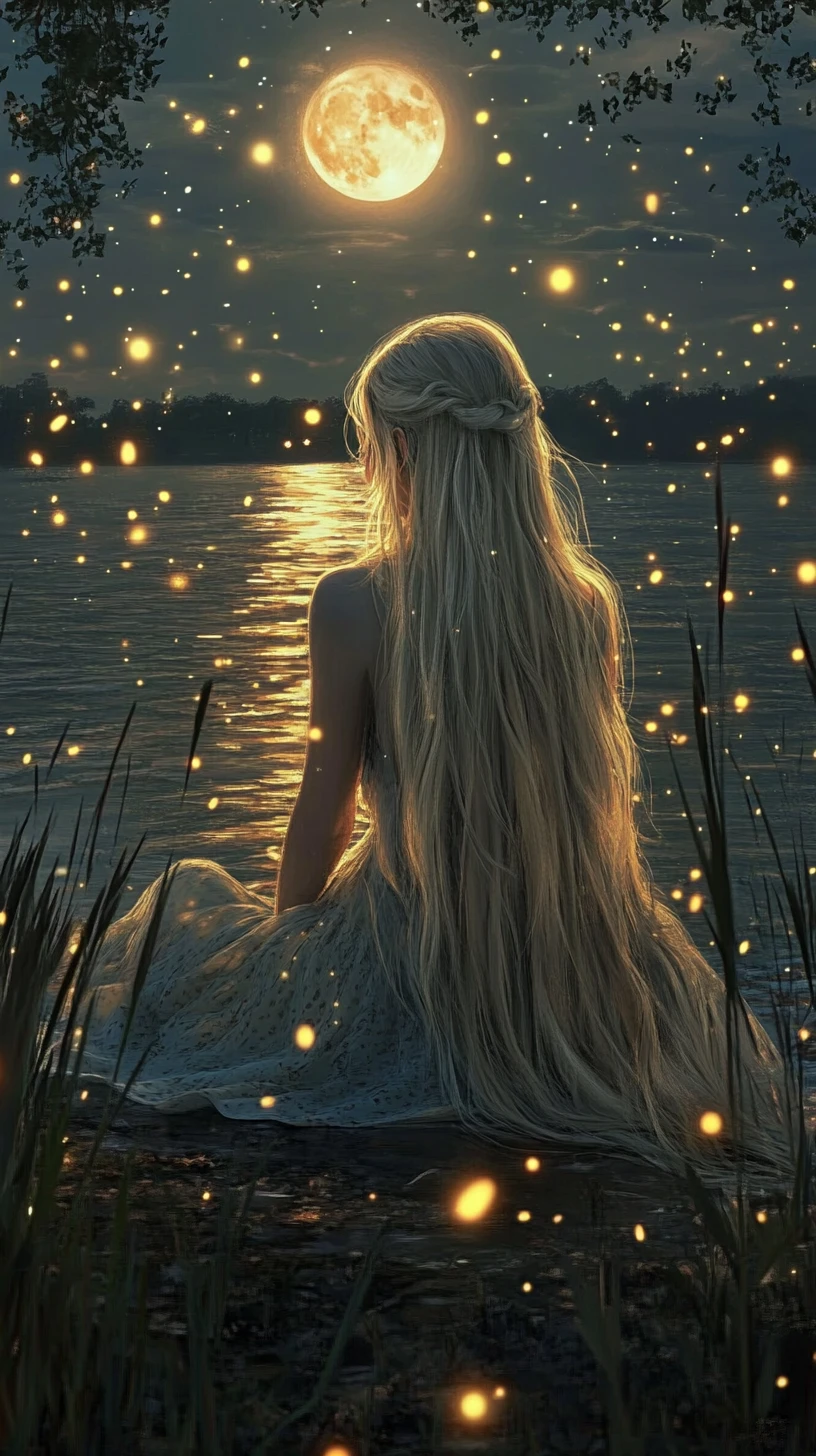 Femme blonde au bord d’un lac paisible au crépuscule parmi les lucioles