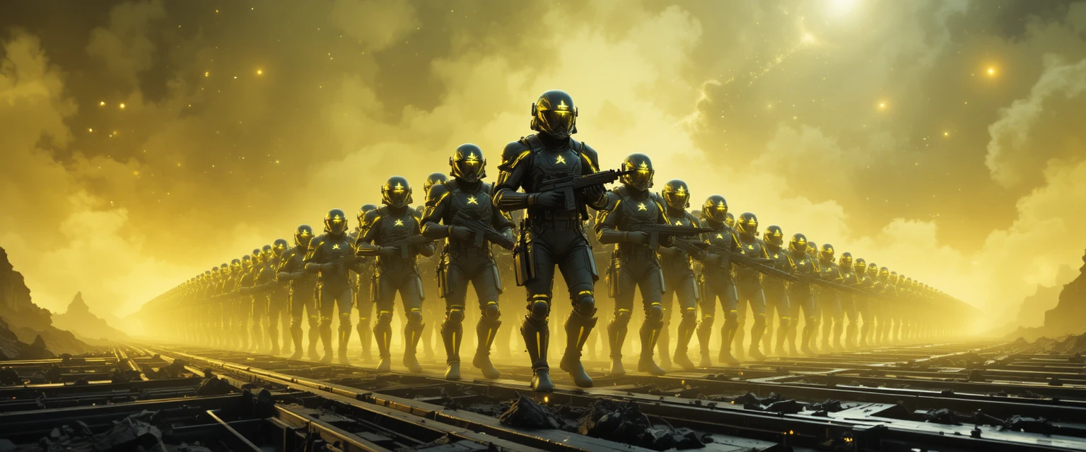 Exército futurista de supersoldados blindados marchando à noite