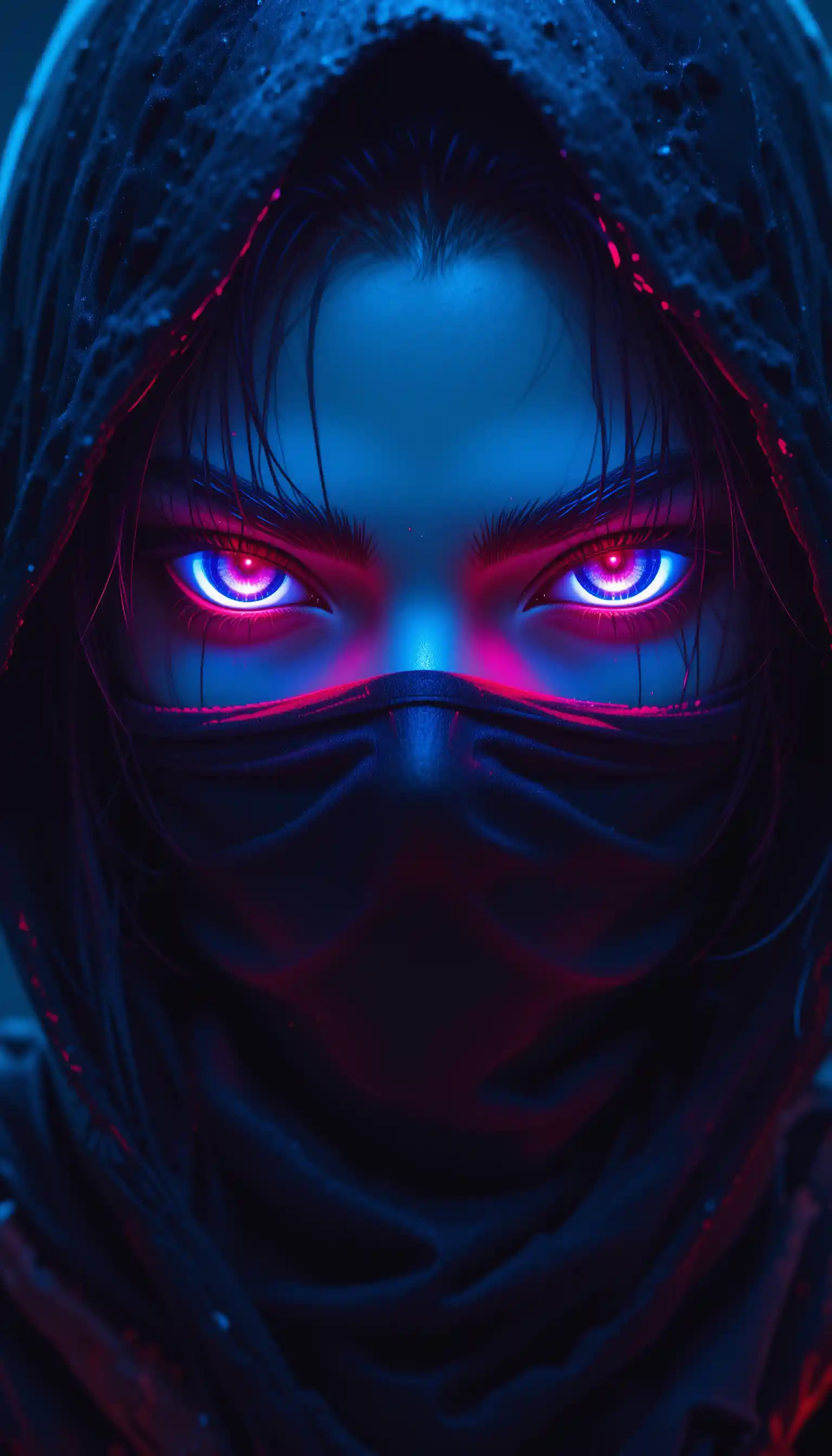 Anime-Ninja-Augen leuchten in Neon-Schatten