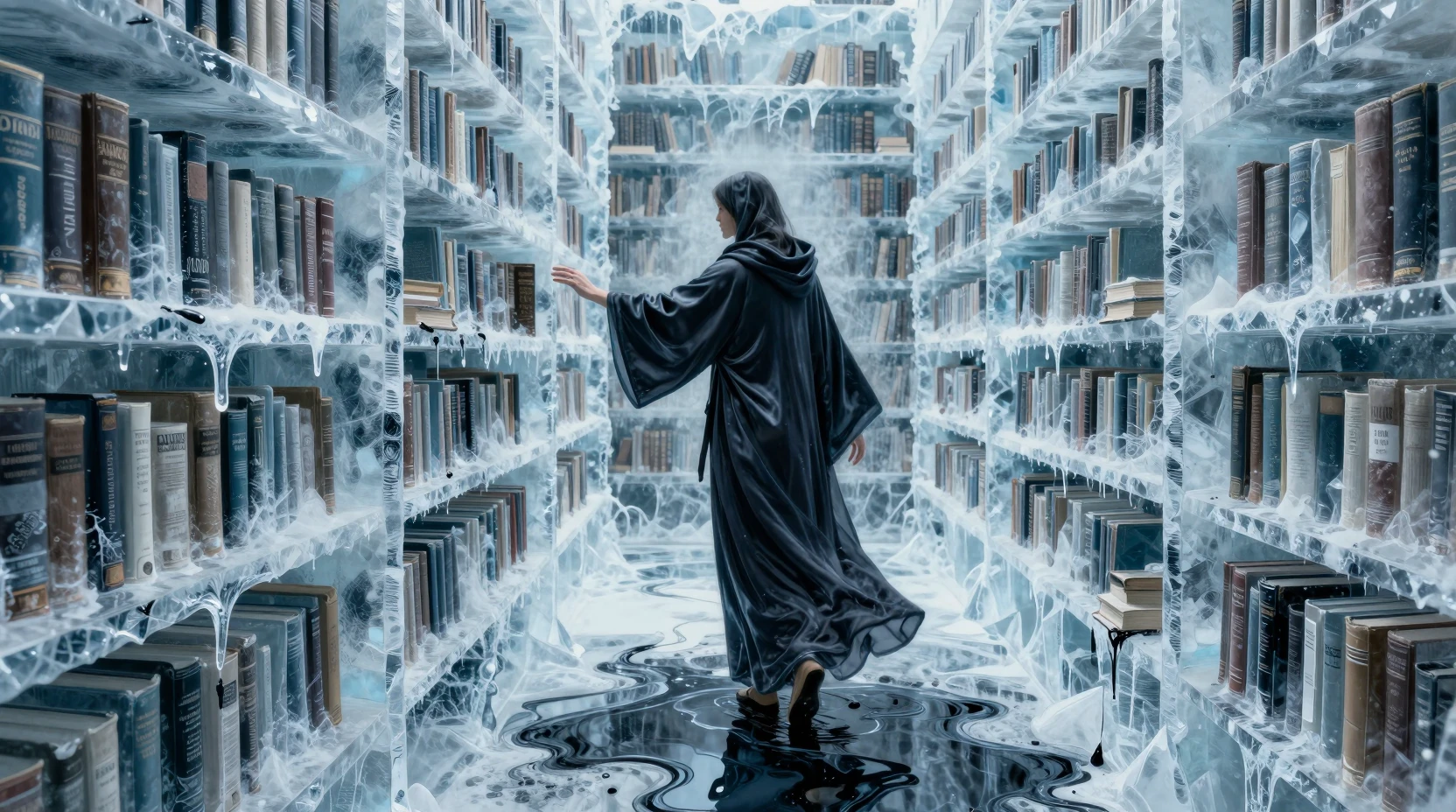 Biblioteca surreal congelada de livros de gelo derretendo e tinta
