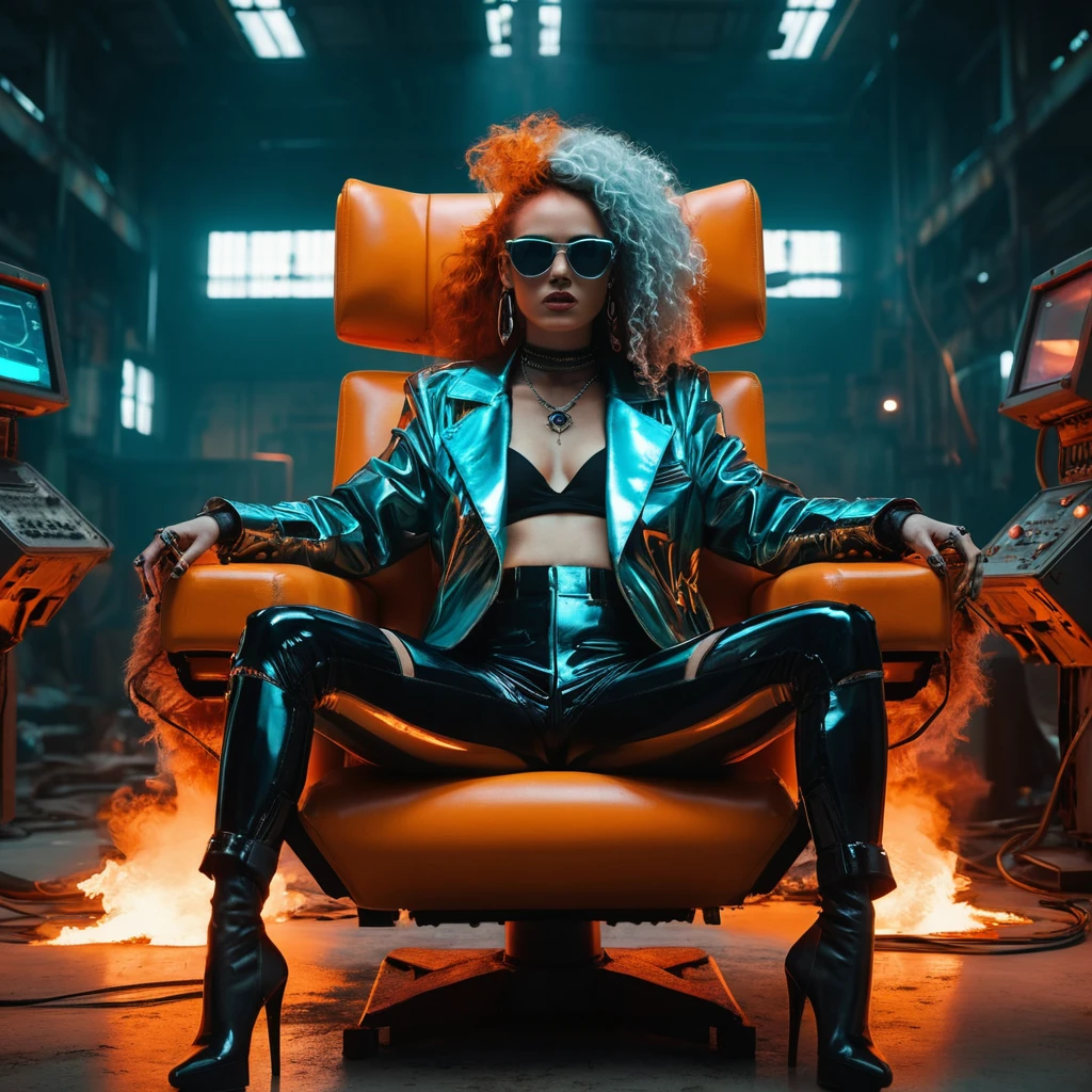 Reine cyberpunk posant dans une usine de robots en ruine