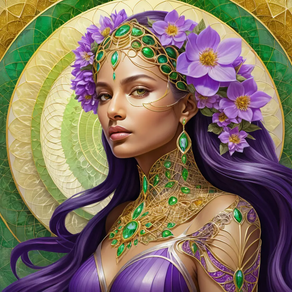 花與女性交織的燦爛金色奇幻和諧