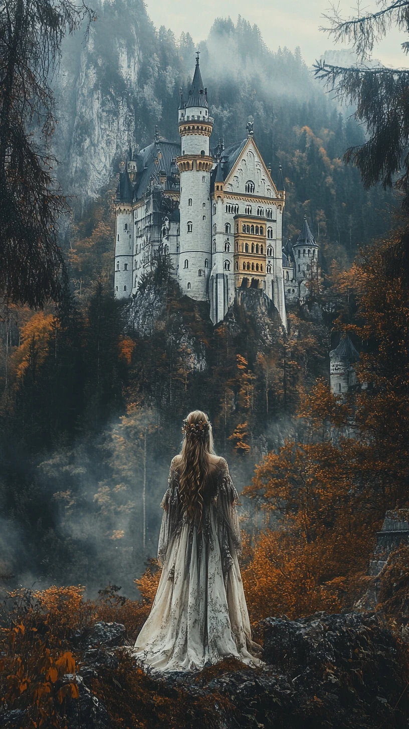 Retrato de garota gótica no Castelo de Neuschwanstein ao anoitecer