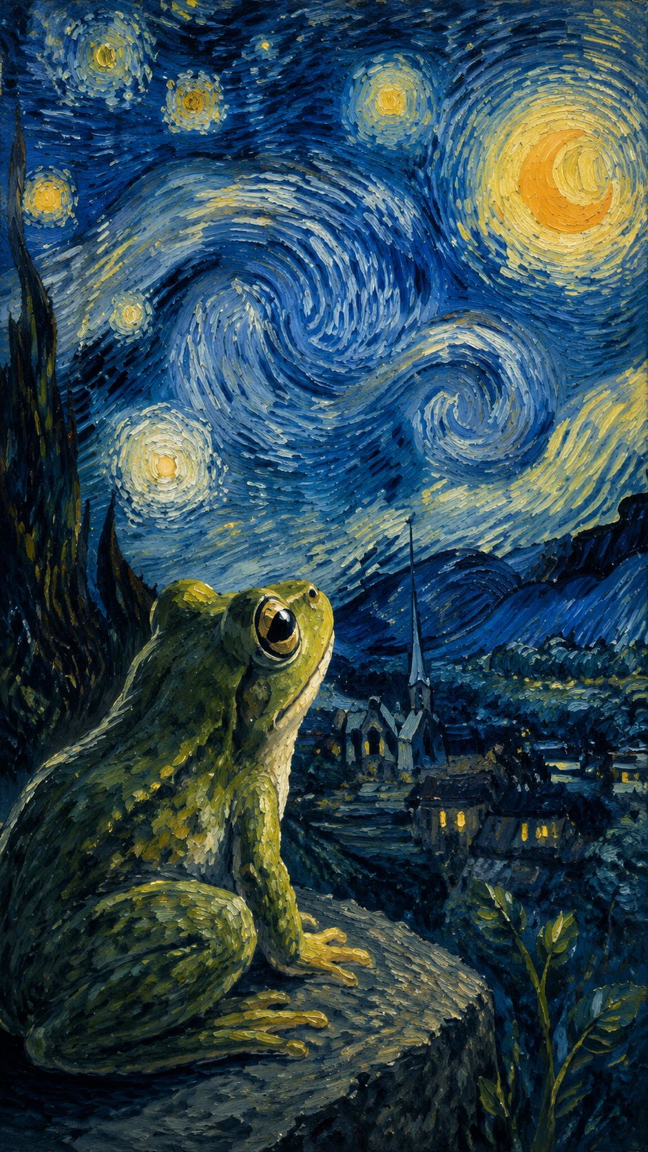 Sapo em Tinta a Óleo Contemplando um Céu Estrelado em Redemoinho