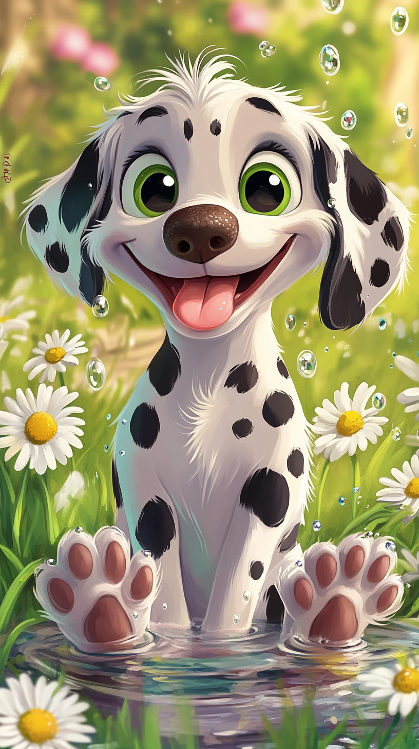 Filhote de dálmata fofo em cena colorida de flores ao ar livre