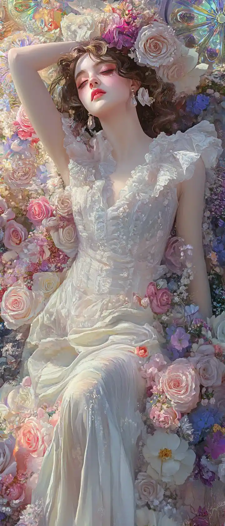 Romantic fantasy woman on enchanted floral platform