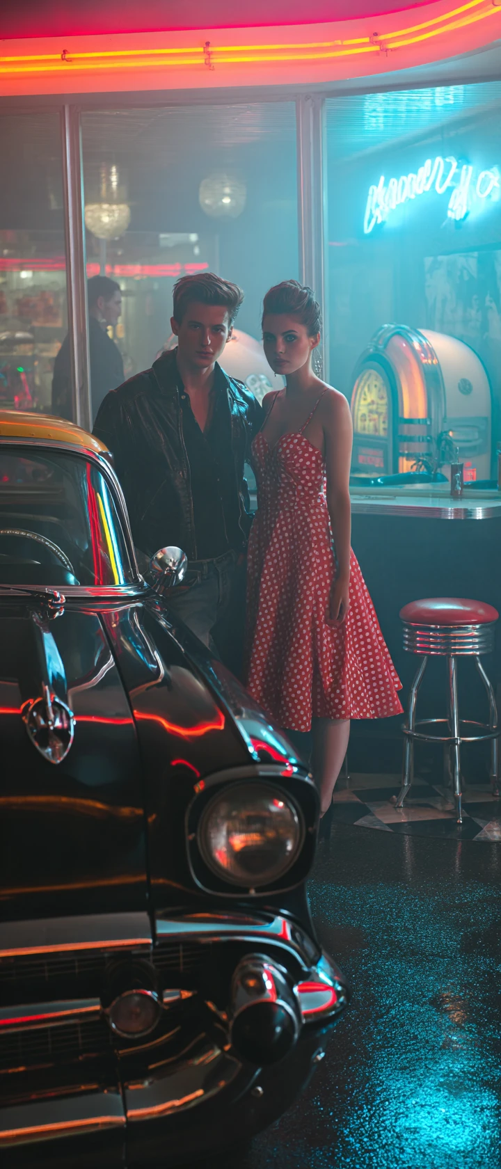 Casal rockabilly com hot rod em frente a um diner neon
